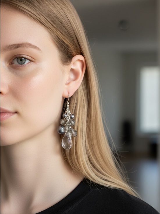 Jewelry - 8/5 Silver-Tone Cluster Drop Earrings in Gray and Clear - Women Jewelry